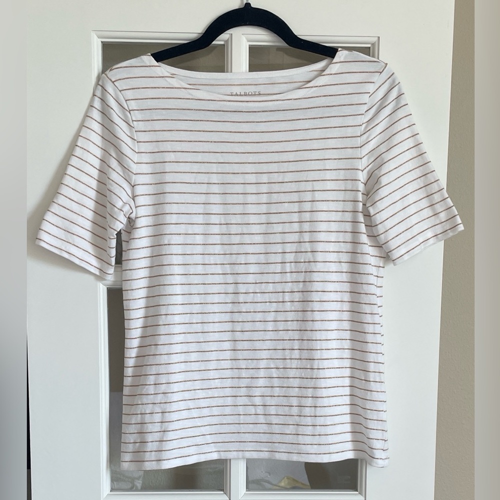 Talbots Boat Neck Tee w/ Metallic Gold Stripes